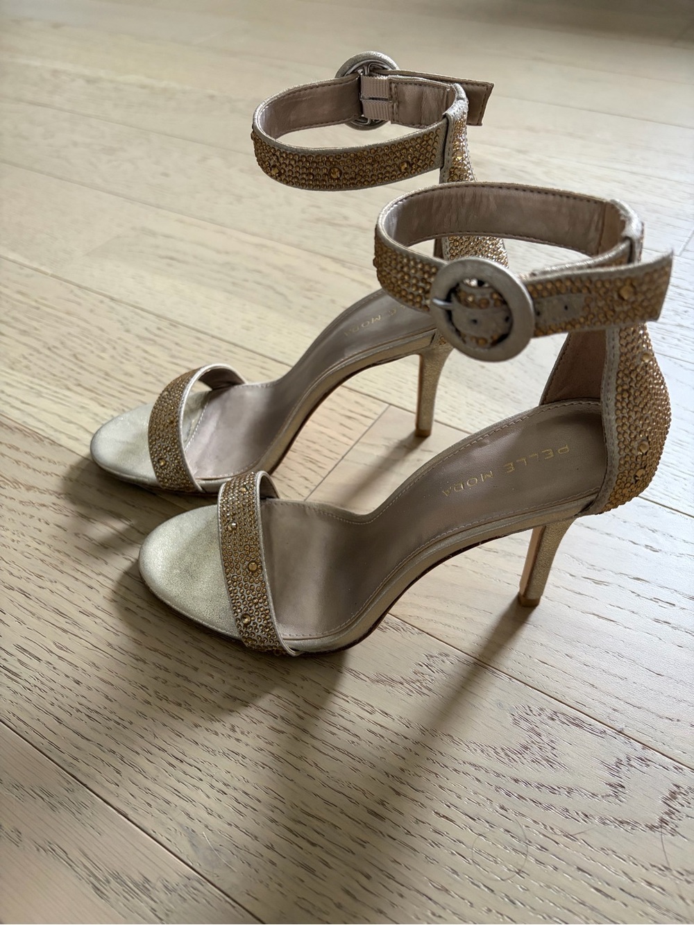 Pelle Moda Gold Beaded Ankle-Strap Stiletto Sandals size 7